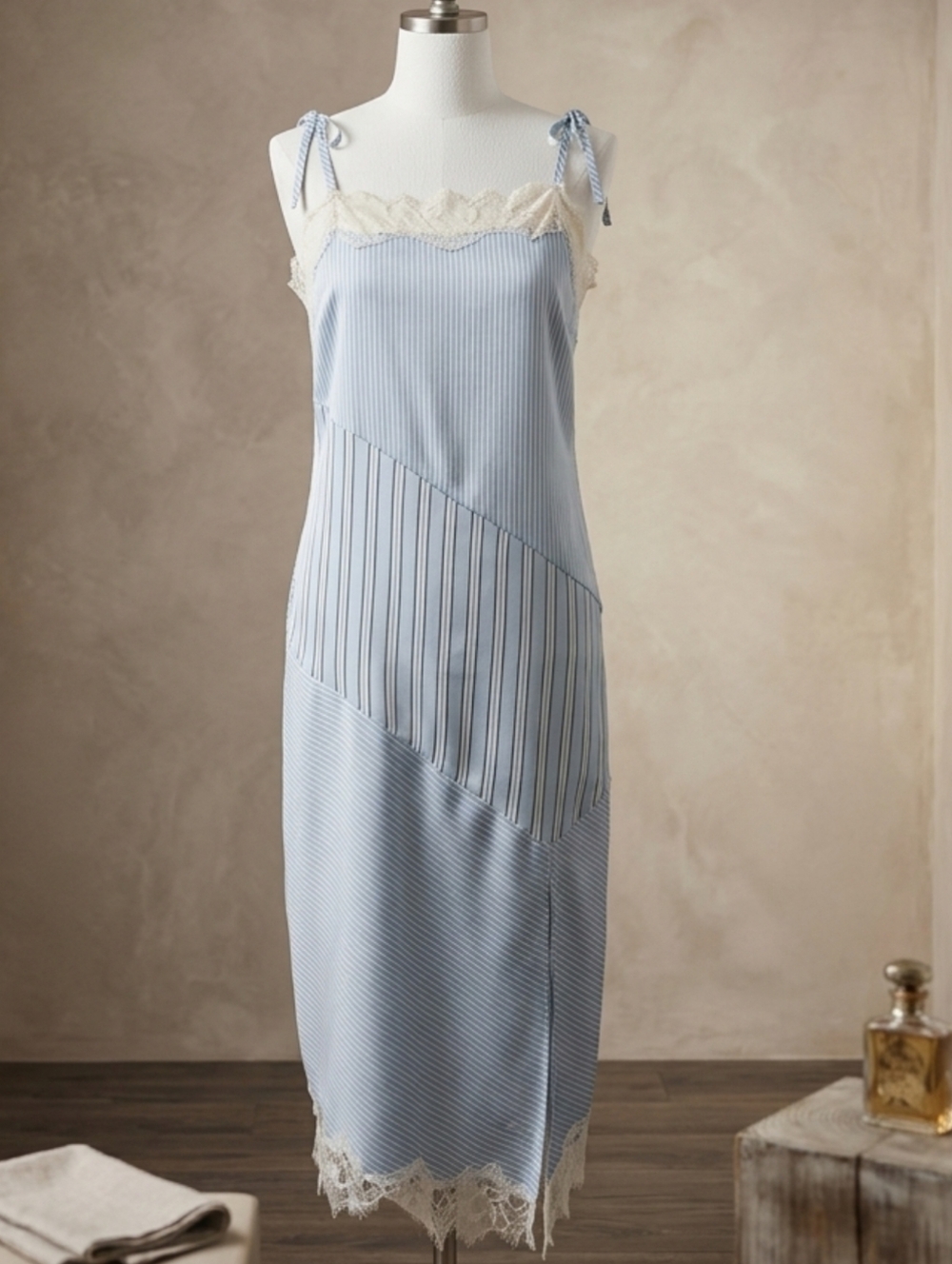 Light Blue Striped Midi Dress with Lace Trim and Tie Shoulders